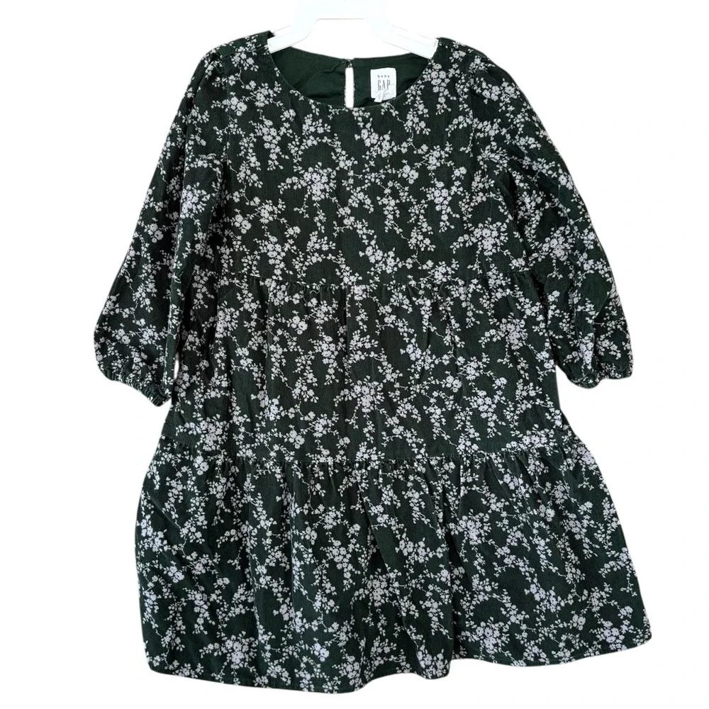 Baby Gap Green Corduroy‎ Dress Girls 4T Fall Winter Foral Lined Holidays Cotton